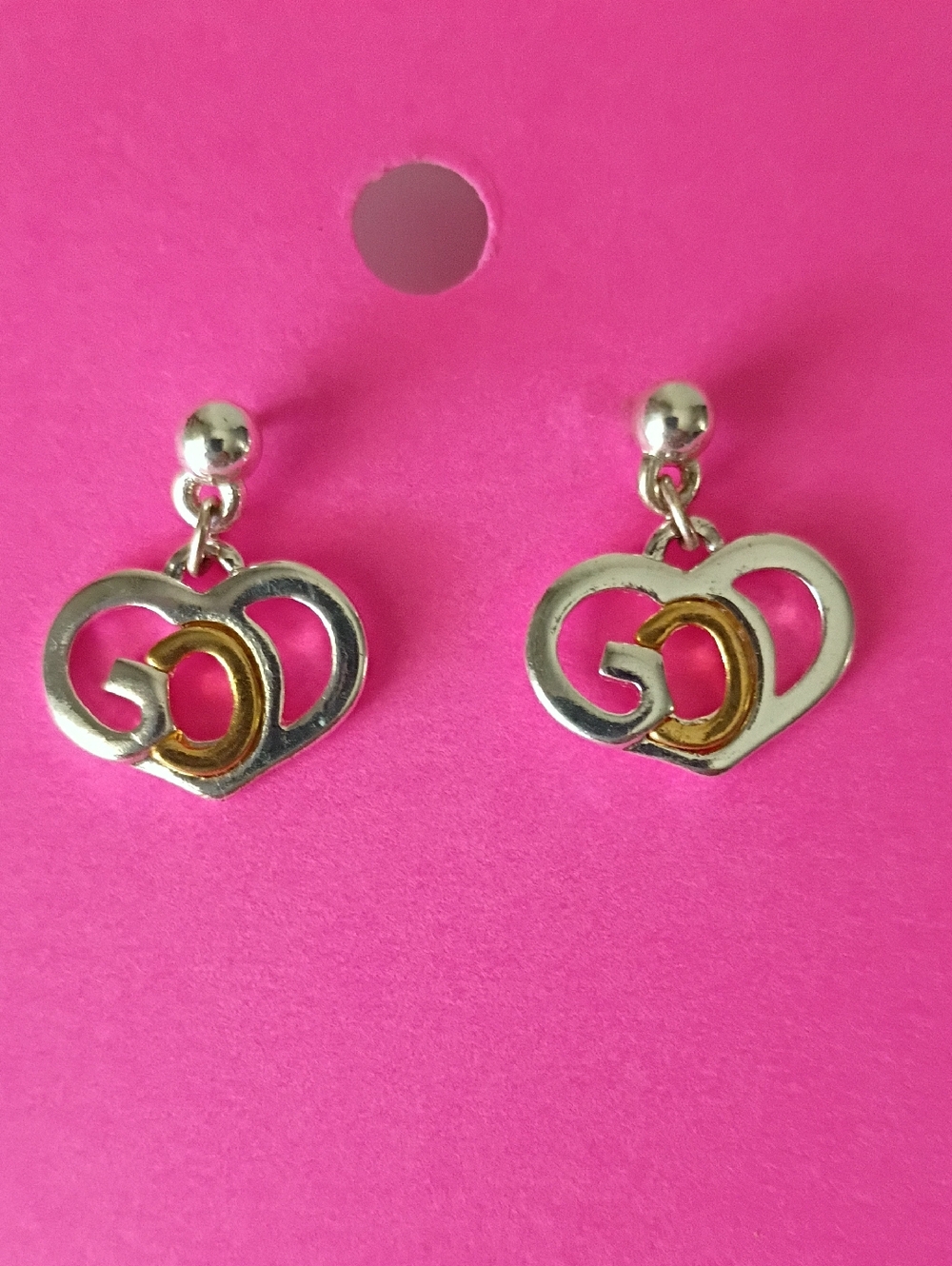 Signed SJ Two Tone "GOD" Heart Shape Dangle Earrings